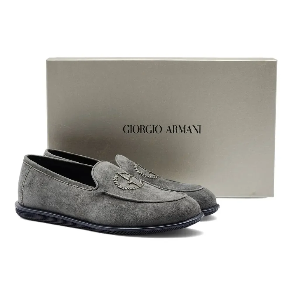 Giorgio Armani Suede Loafers with Embroidered Logo in Gray (7) - Picture 1 of 7